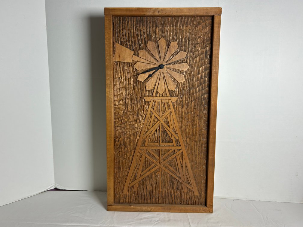 Relief Carved Wood Panel with Windmill Wall Clock