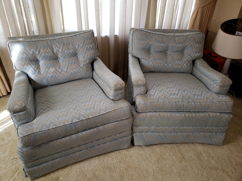 Pair of Chevron Upholstered Armchairs and Ottoman