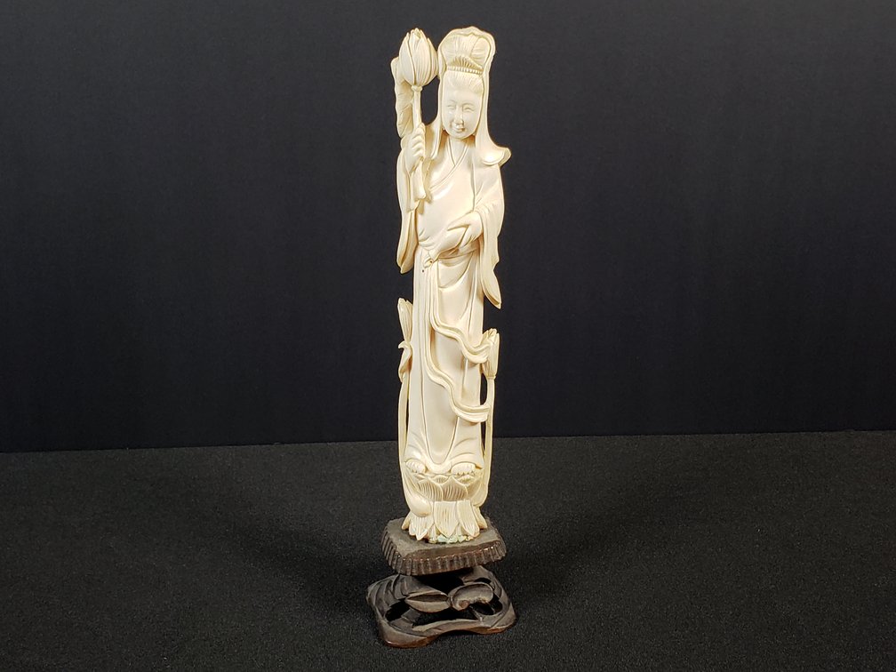 Carved Guanyin Figurine on Carved Wooden Stand