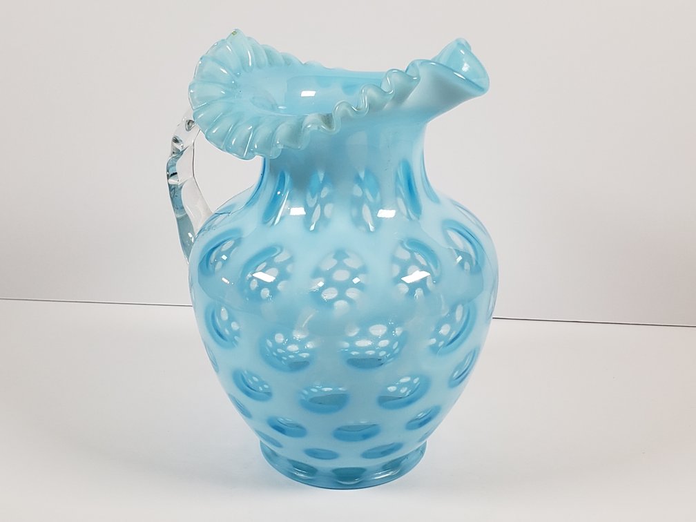Light Blue Opalescent Coin Dot Glass Pitcher with Ruffled Rim