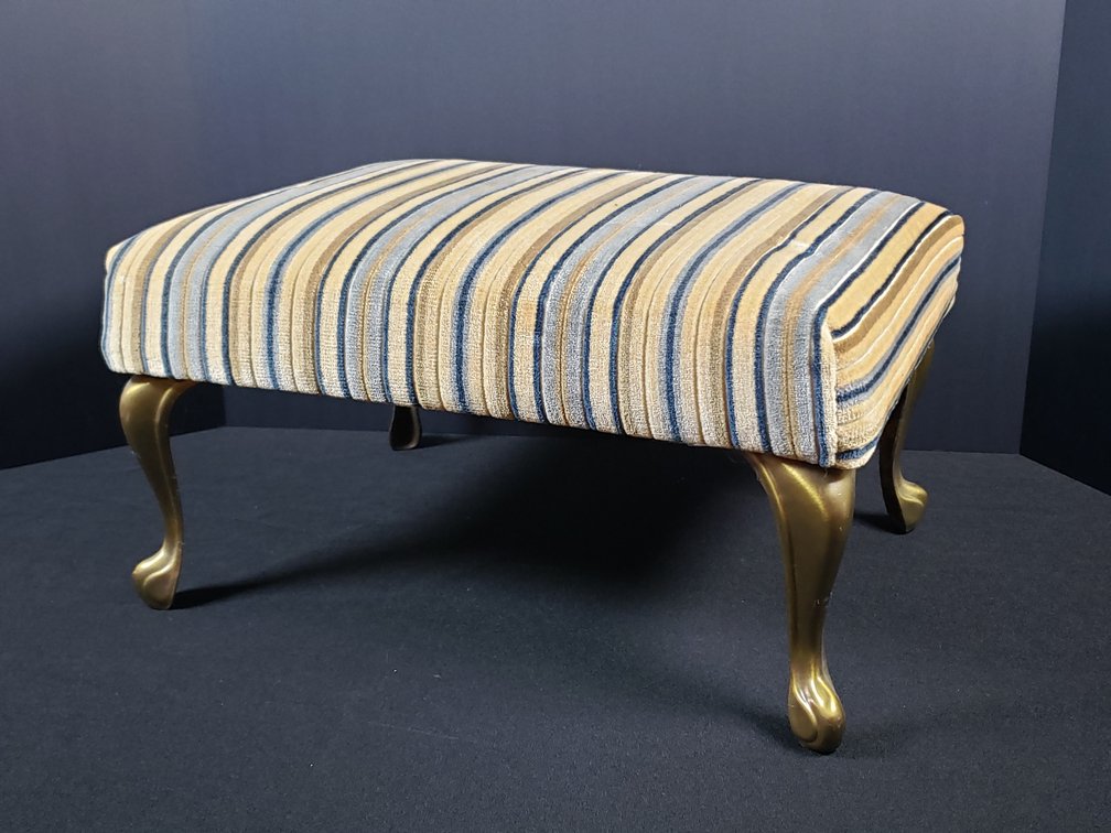 Striped Upholstered Footstool with Brass-Finish Cabriole Legs