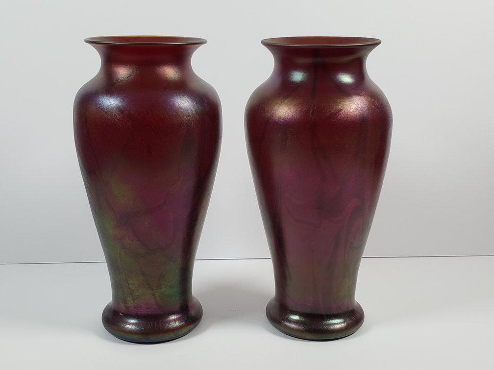 Pair of Iridescent Red Art Glass Vases