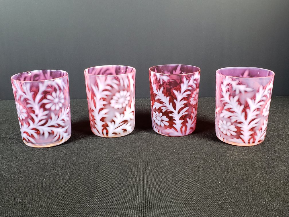 Four Cranberry Opalescent Floral Glass Tumblers