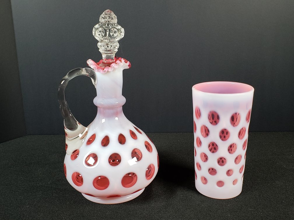 Cranberry Opalescent Coin Dot Glass Cruet and Tumbler