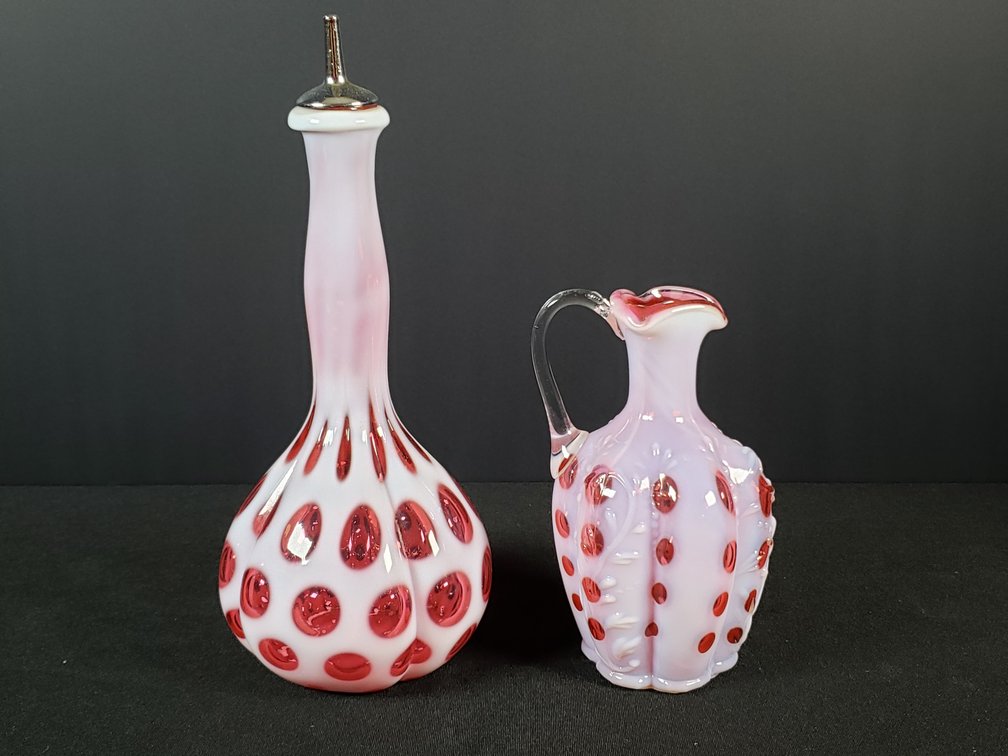 Cranberry Opalescent Art Glass Bottle and Pitcher