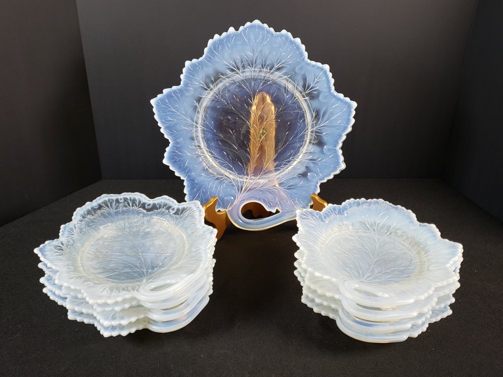 Opalescent Pressed Glass Leaf Dish and Plates
