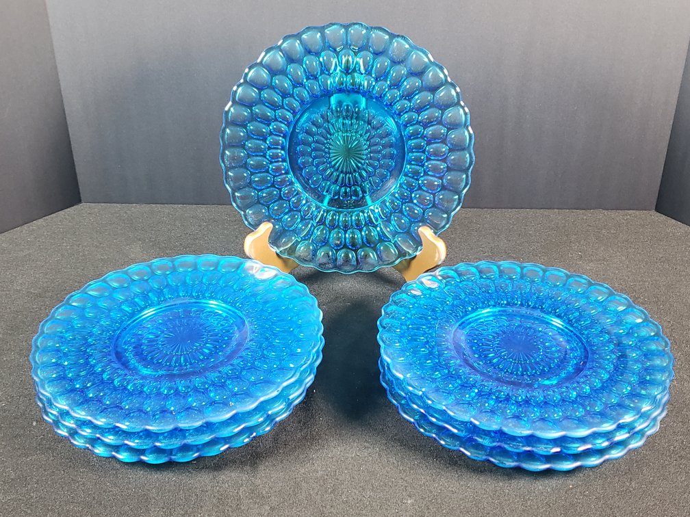 Blue Pressed Glass Bubble Pattern Plates