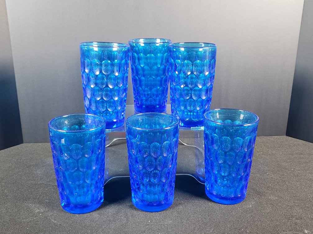 Cobalt Blue Pressed Glass Thumbprint Tumblers