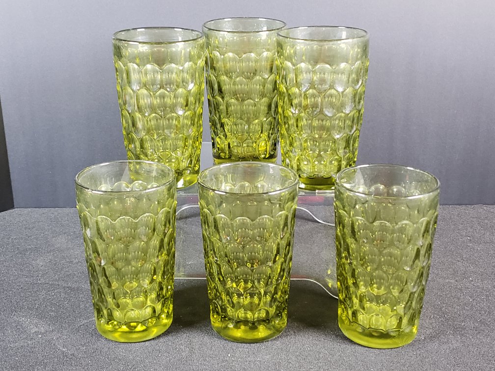 Yellow-Green Thumbprint Pressed Glass Tumblers