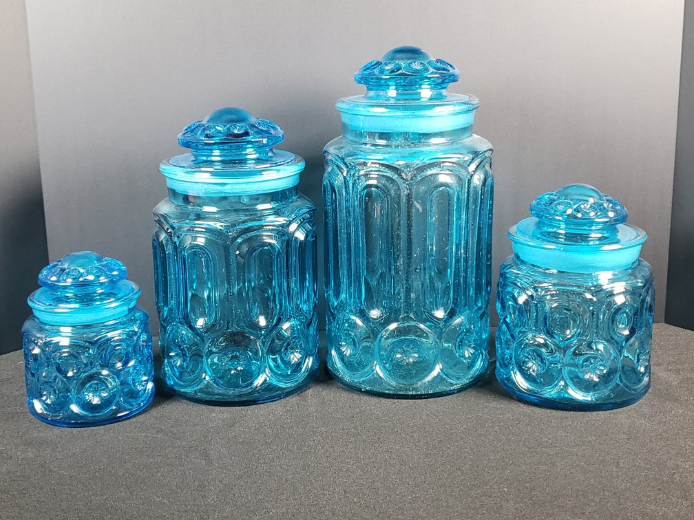 Blue Pressed Glass Moon and Stars Canister Set