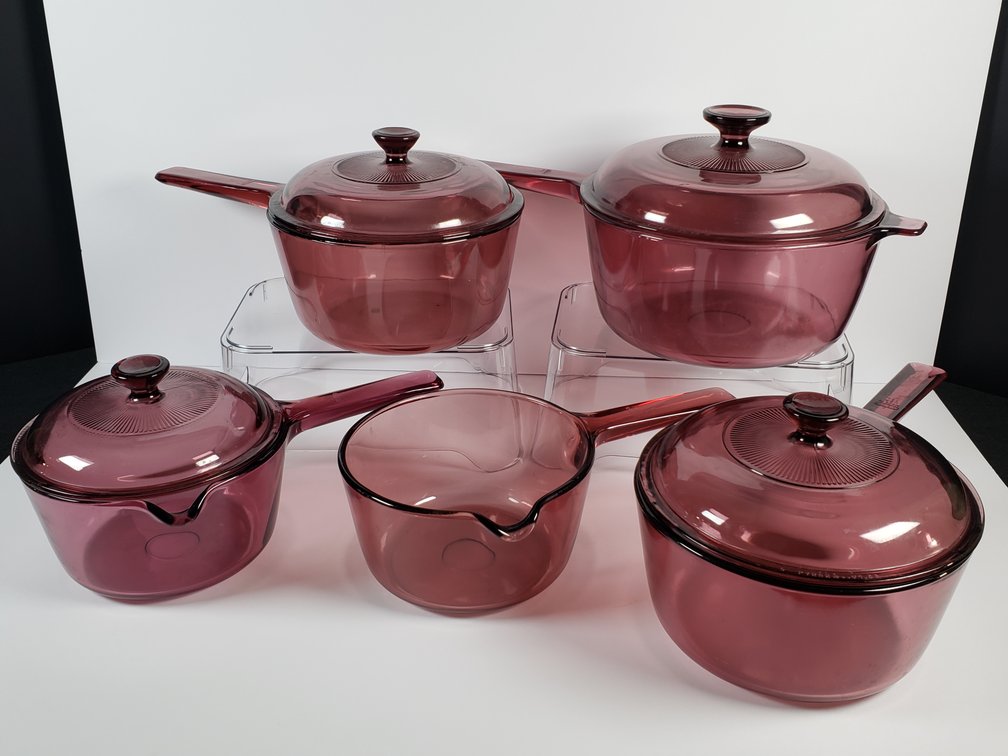 Vision and Pyrex Cranberry Glass Saucepans and Lids