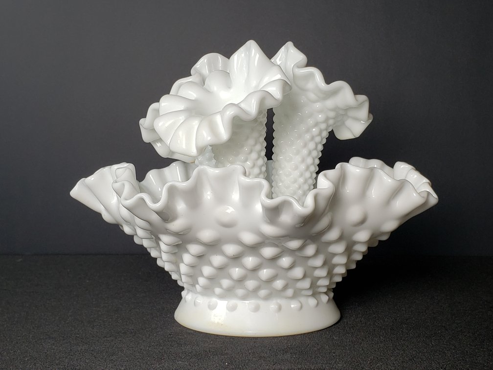 White Milk Glass Hobnail Three-Horn Epergne