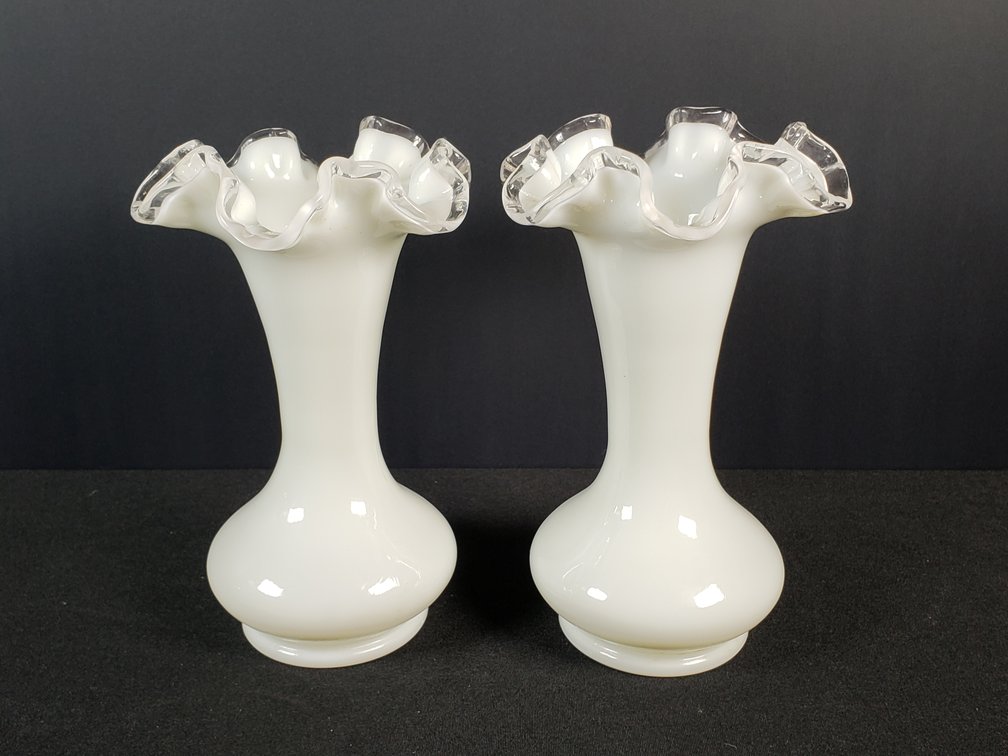 White Milk Glass Vases with Clear Ruffled Rims