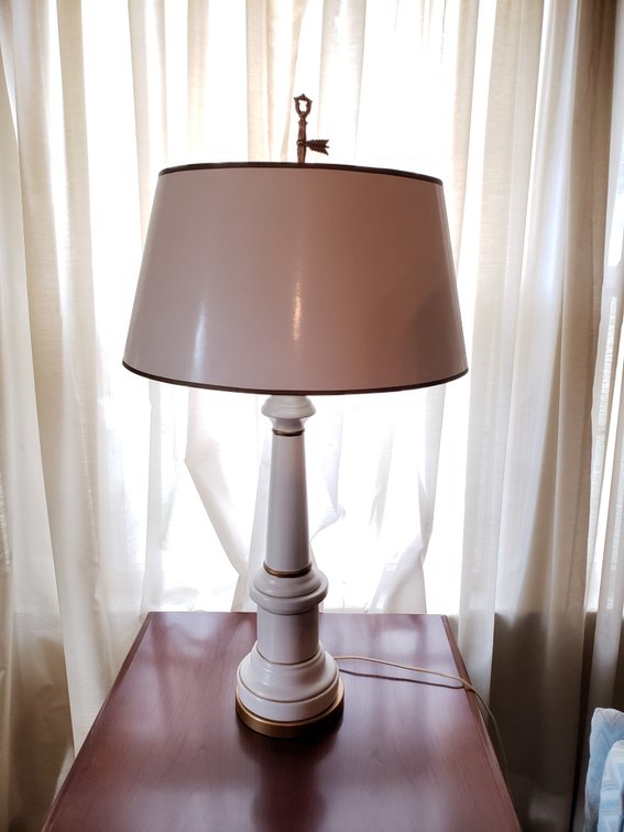 White Column Table Lamp with Brass-Tone Base and Shade
