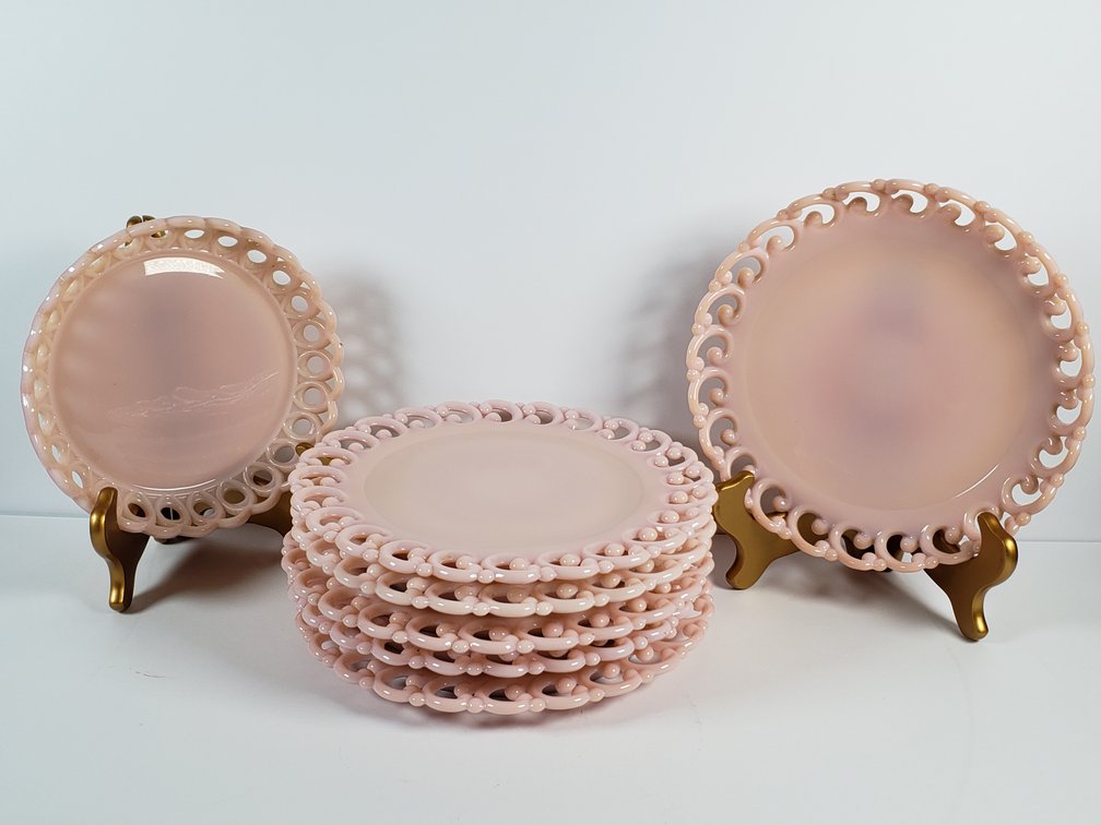 Pink Milk Glass Open Lace Rim Plates
