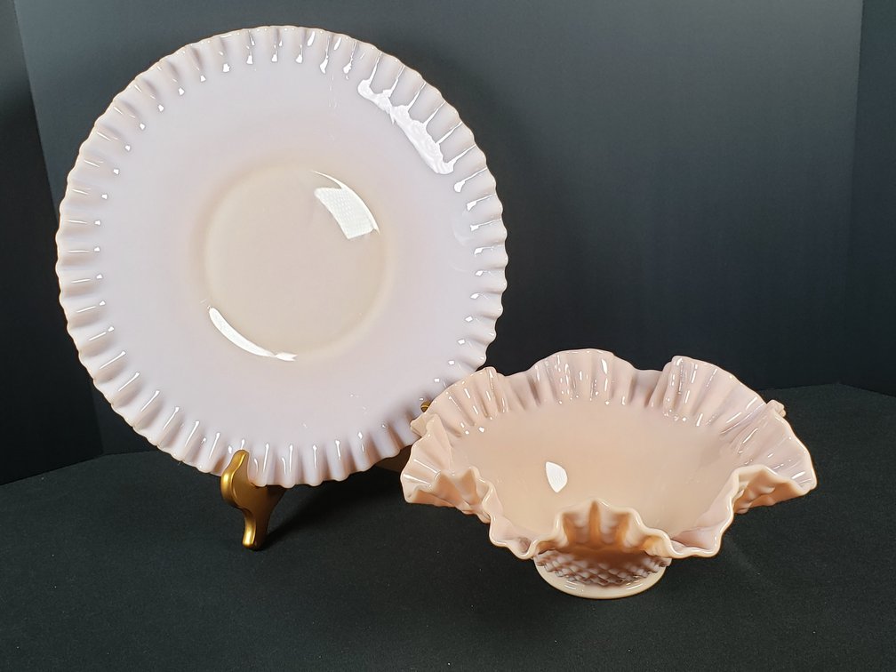 Pink Opaque Glass Ruffled Plate and Hobnail Bowl