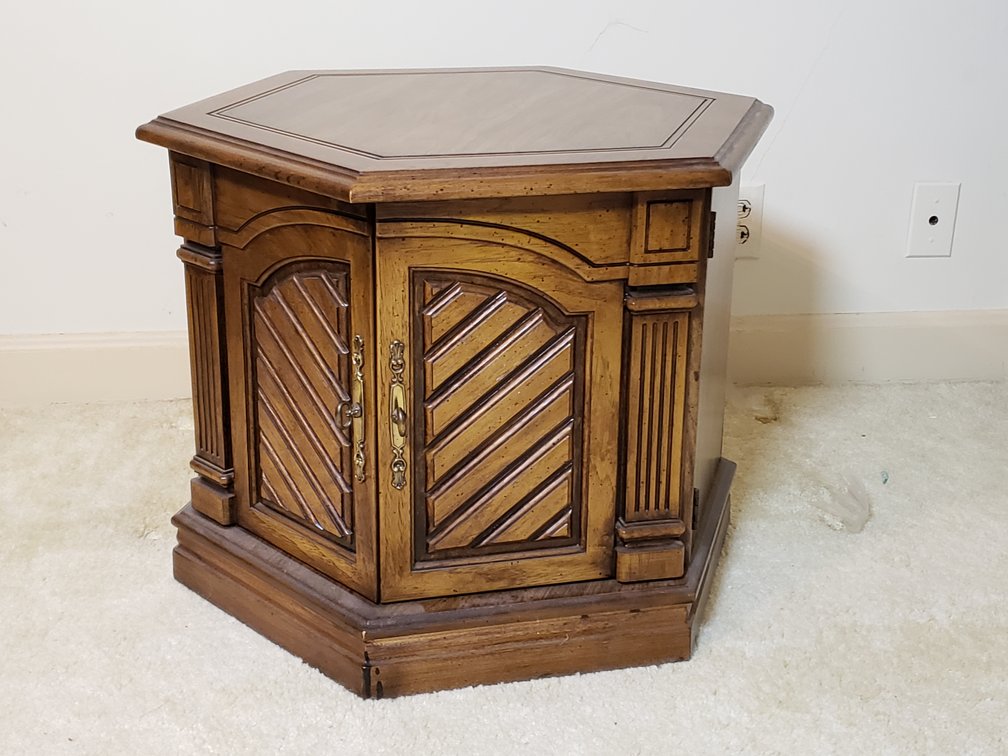 Hexagonal Wood End Table Cabinet with Carved Doors