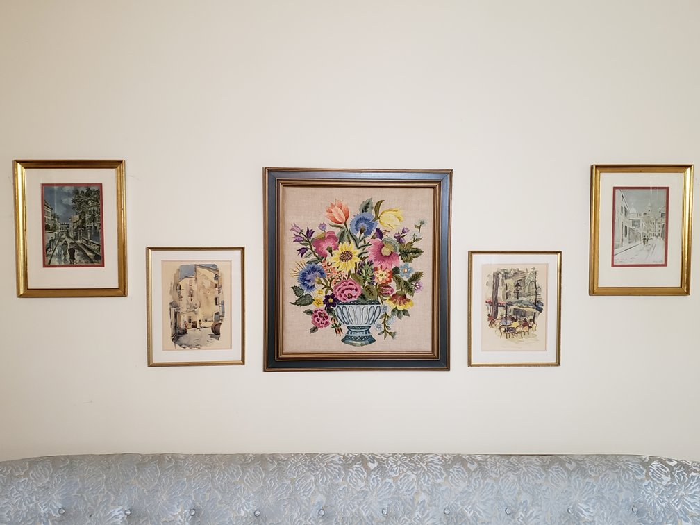 Framed Watercolors, Street Scenes, and Floral Needlework