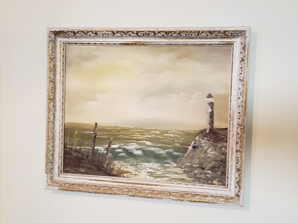 Framed Coastal Lighthouse Seascape Oil Painting
