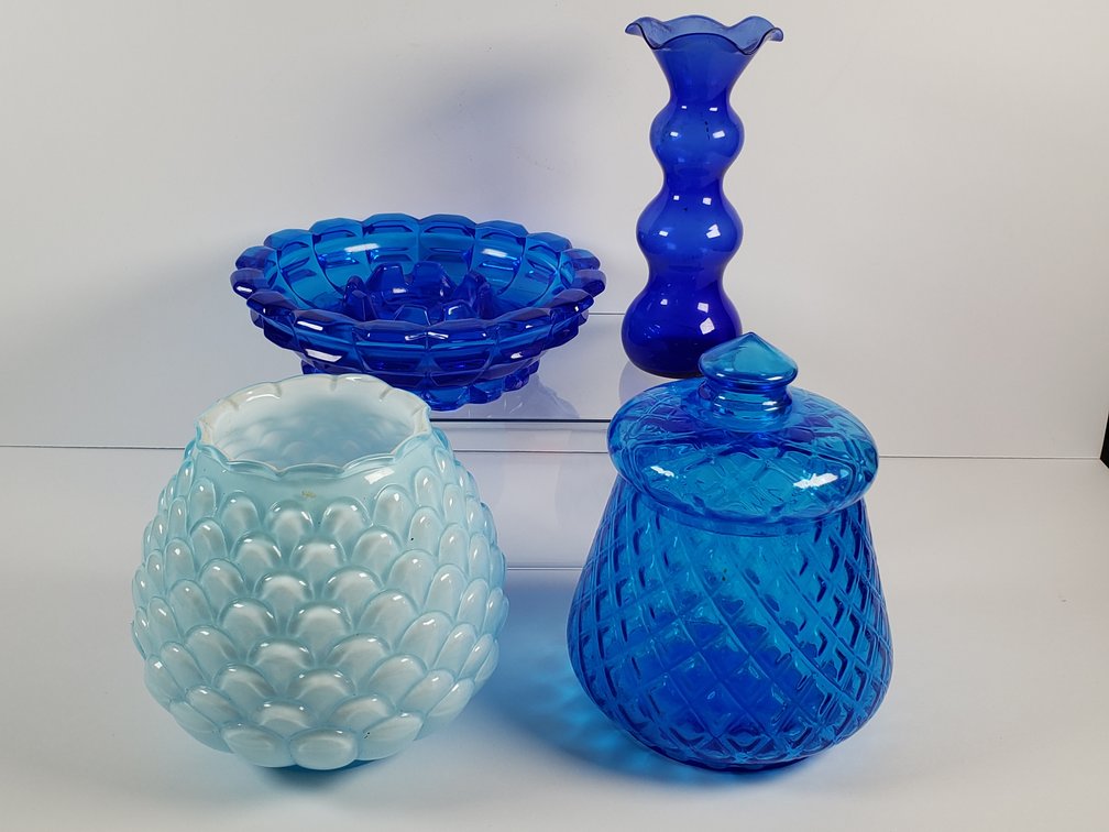 Blue Glass Vases, Covered Jar, and Faceted Bowl