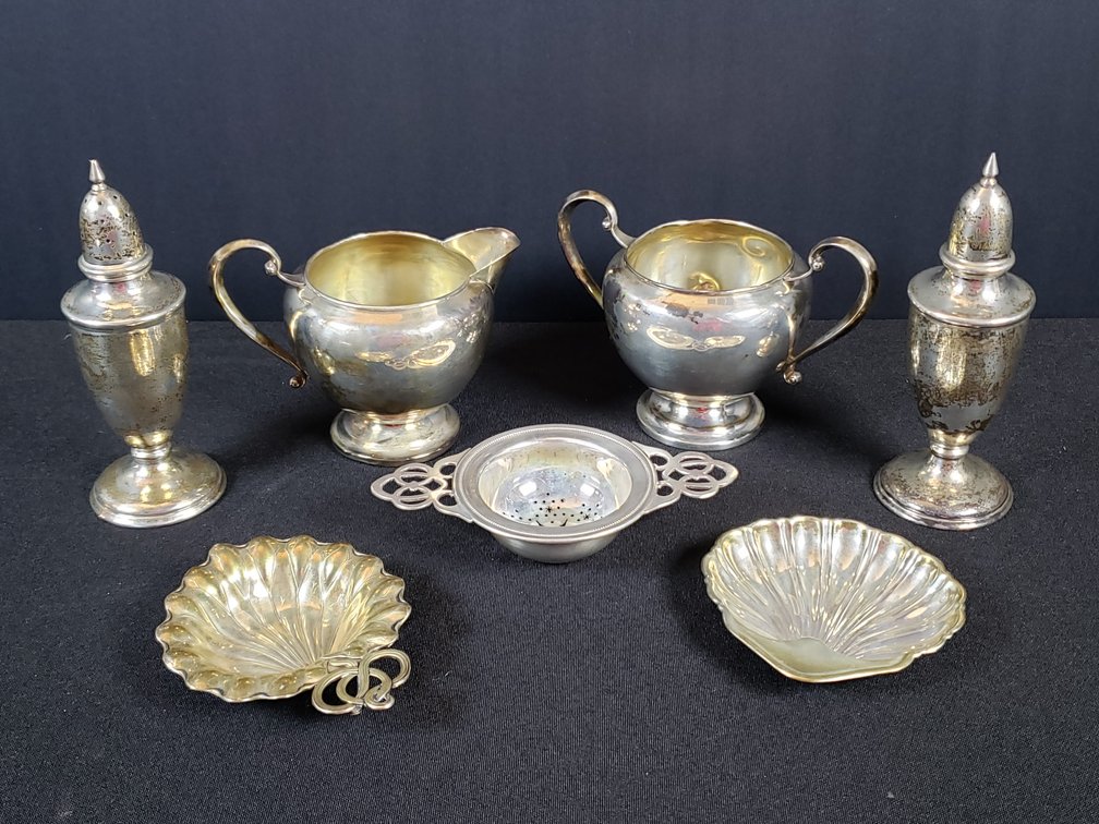 Sterling Silver Shakers, Dishes, Creamer, and Tea Strainer