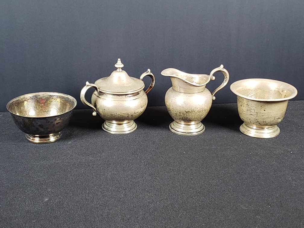 Sterling Silver Creamer, Sugar Bowl, and Footed Bowls