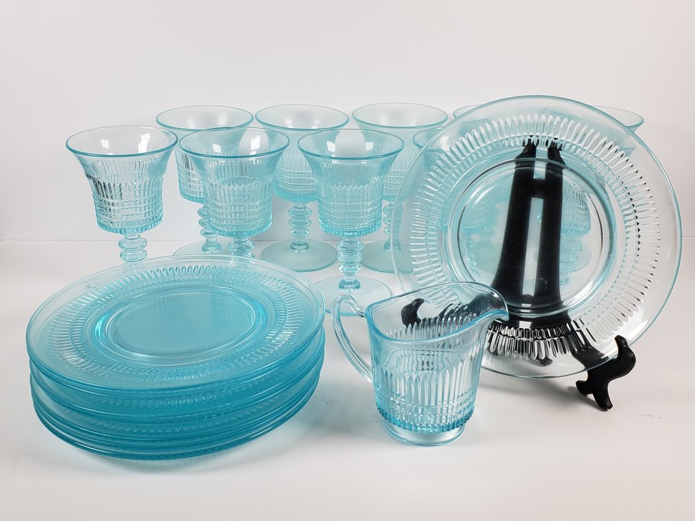 Light Blue Pressed Glass Plates, Goblets, and Creamer