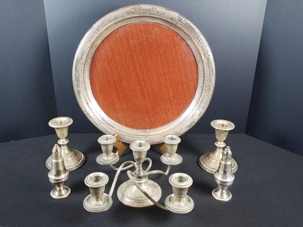 Sterling Silver Candelabra, Candlesticks, Shakers, and Tray