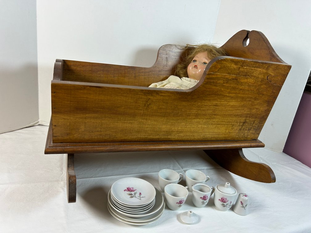 Vintage Doll, Cradle, & Toy Dishes