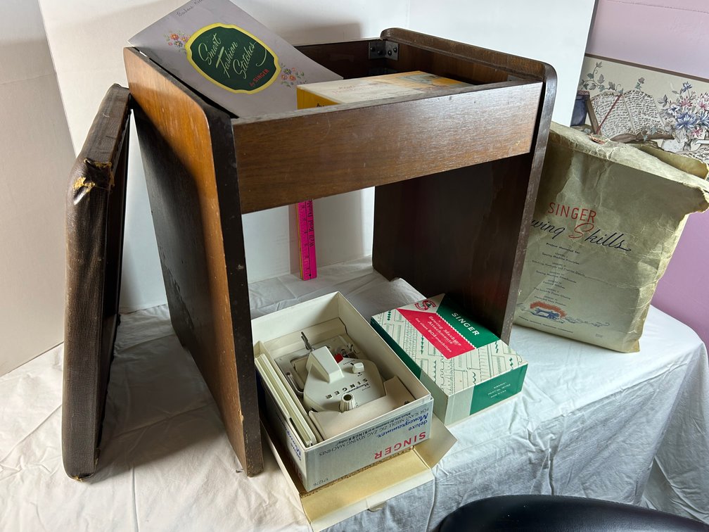 Sewing Bench with  Singer Sewing Items