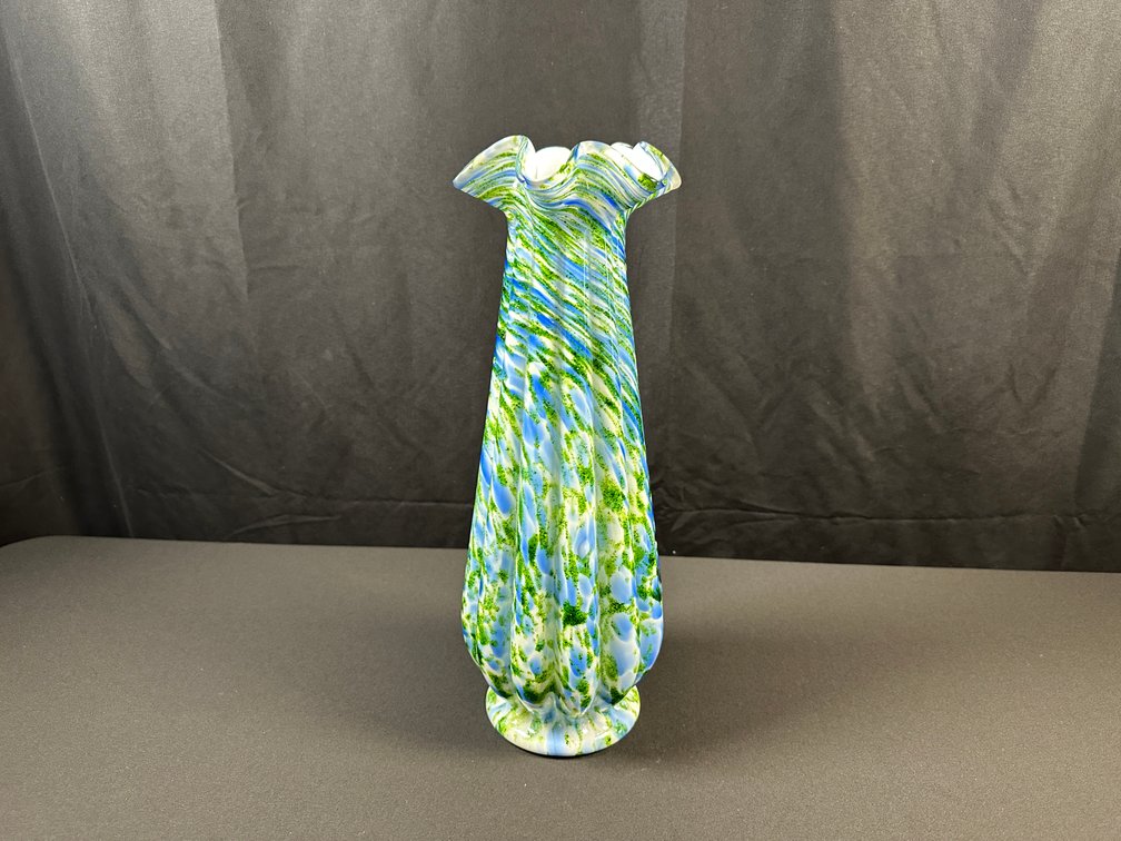 Blue and Green Spatter Art Glass Ruffled Vase