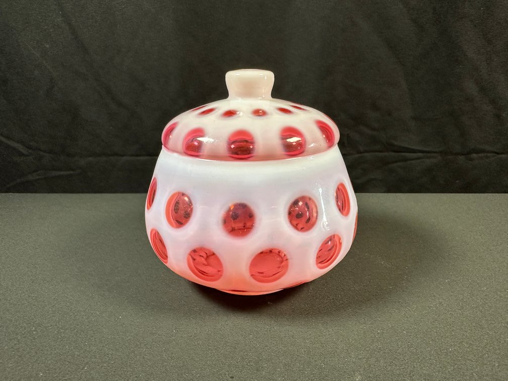 Cranberry Opalescent Coin Dot Glass Covered Dish