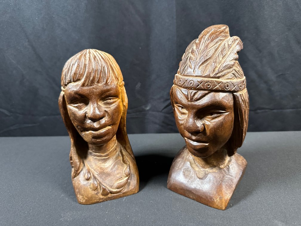 Pair of Carved Wood Native American Busts