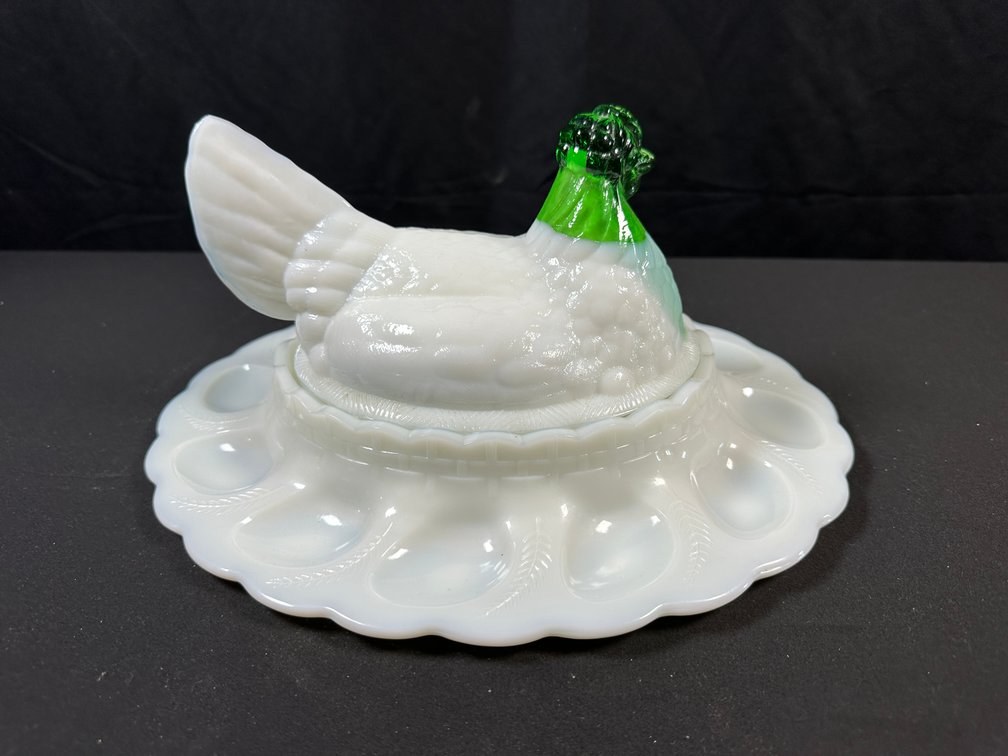 Milk Glass Hen on Nest Deviled Egg Plate