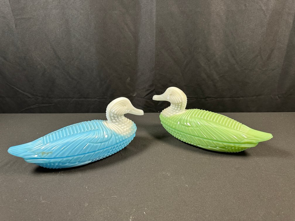 Pair of Duck-Shaped Slag Glass Covered Dishes