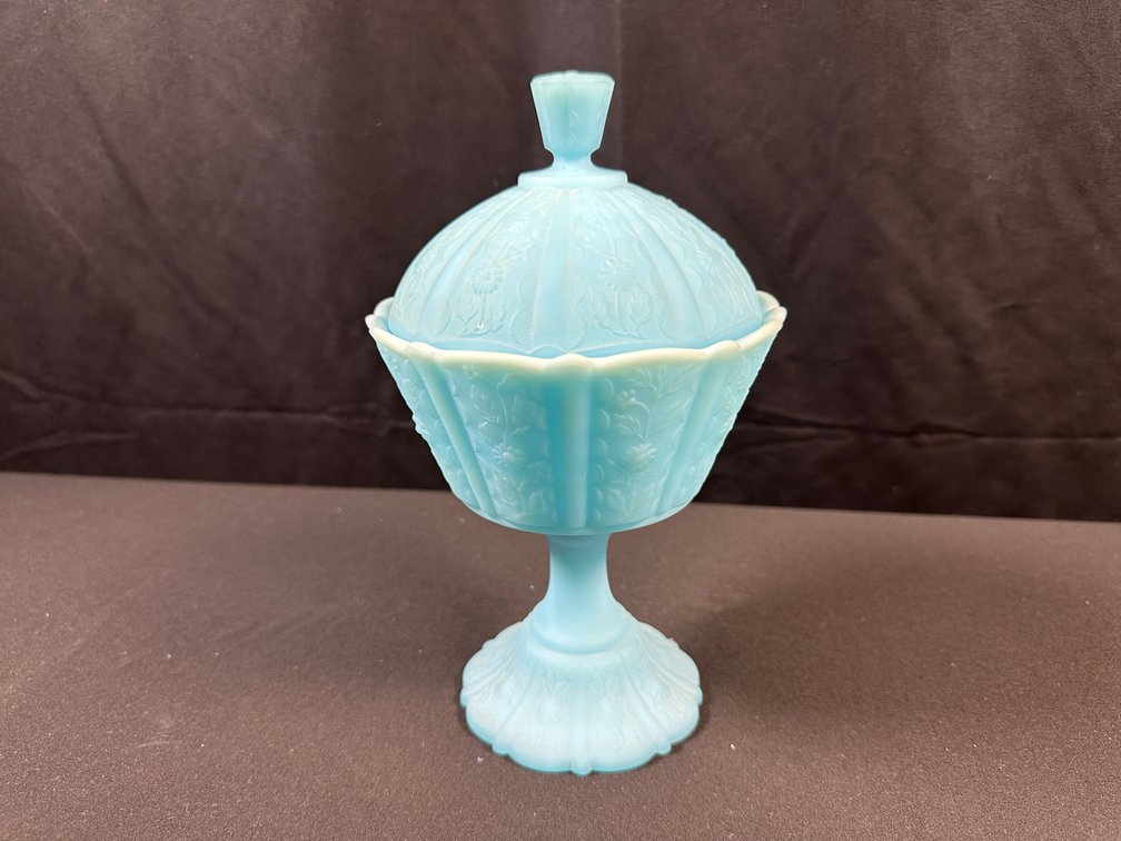 Fenton Light Blue Glass Covered Pedestal Compote