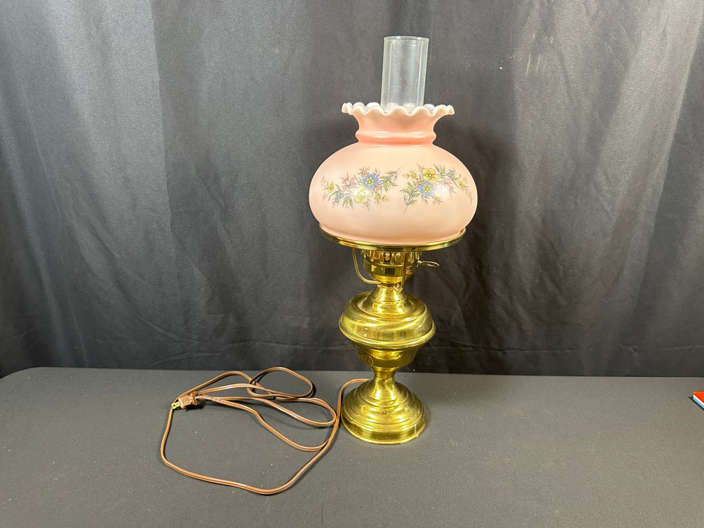 Electric Brass-Tone Parlor Lamp with Floral Glass Shade