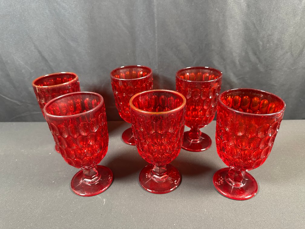 Ruby Red Pressed Glass Thumbprint Goblets