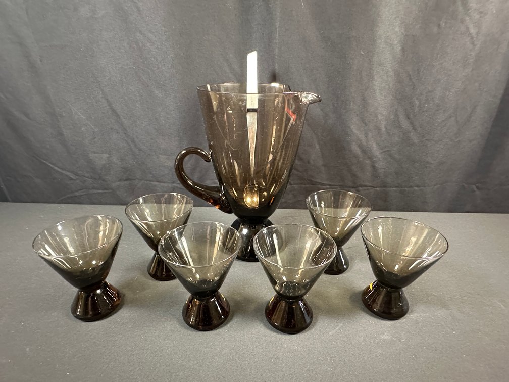 Smoky Glass Pitcher, Six Glasses, and Stirrer