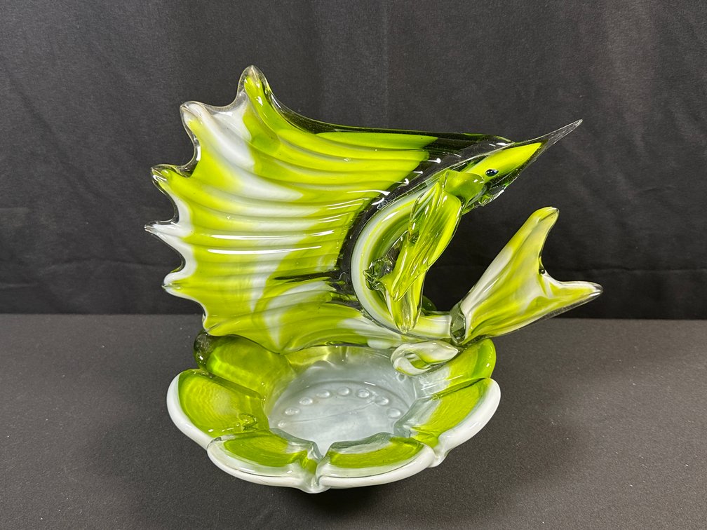 Blown Art Glass Sailfish Sculpture and Shell Bowl