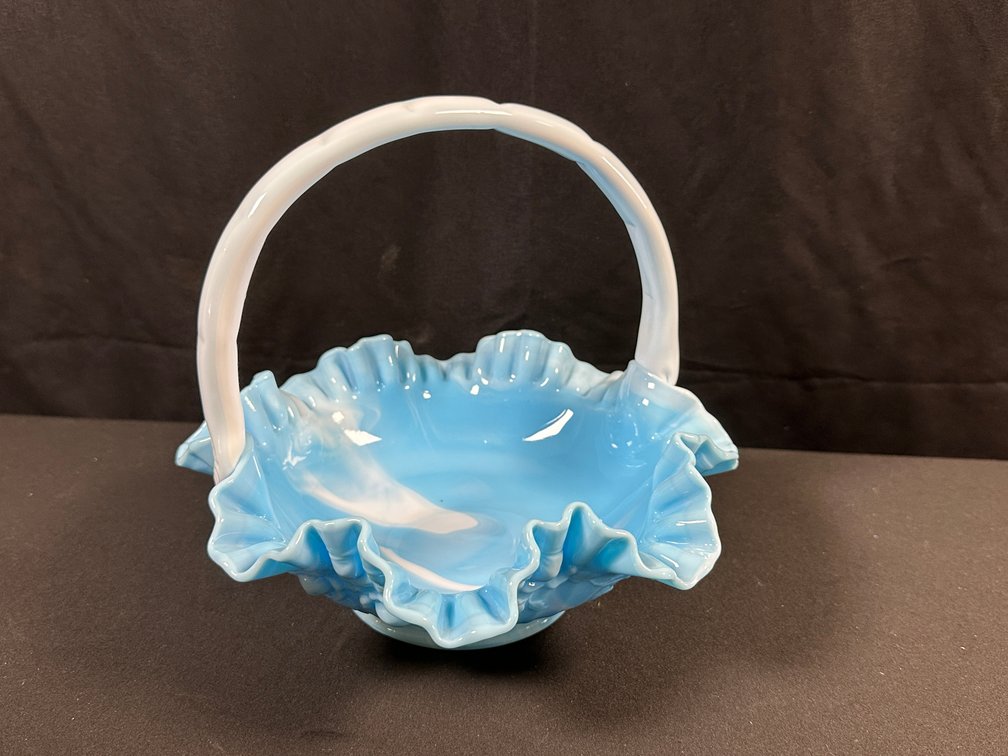 Blue and White Slag Glass Ruffled Basket