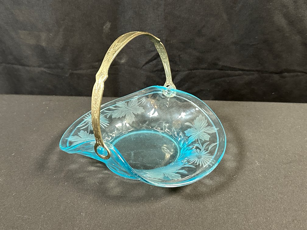 Light Blue Etched Glass Basket with Embossed Metal Handle