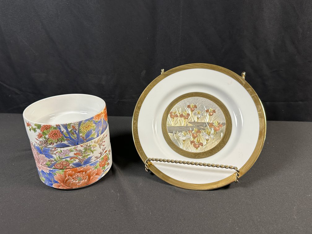 Floral Porcelain Stacking Bowls and Plate with Display Stand