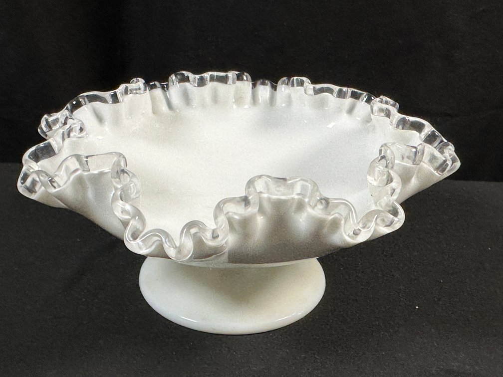 Milk Glass Pedestal Bowl with Clear Ruffled Rim