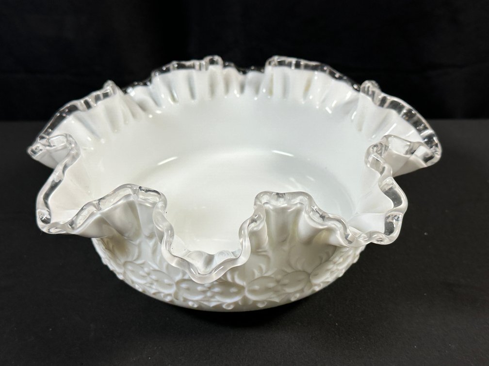 White Milk Glass Bowl with Clear Ruffled Crest