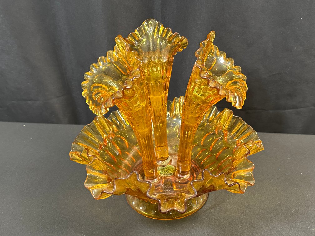 Amber Glass Three-Horn Epergne Centerpiece