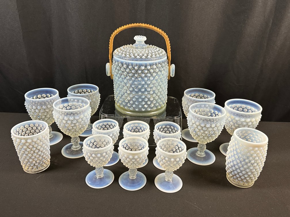 Opalescent Hobnail Glass Drinkware Set with Ice Bucket