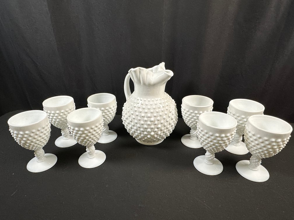 White Milk Glass Hobnail Pitcher and Goblet Set