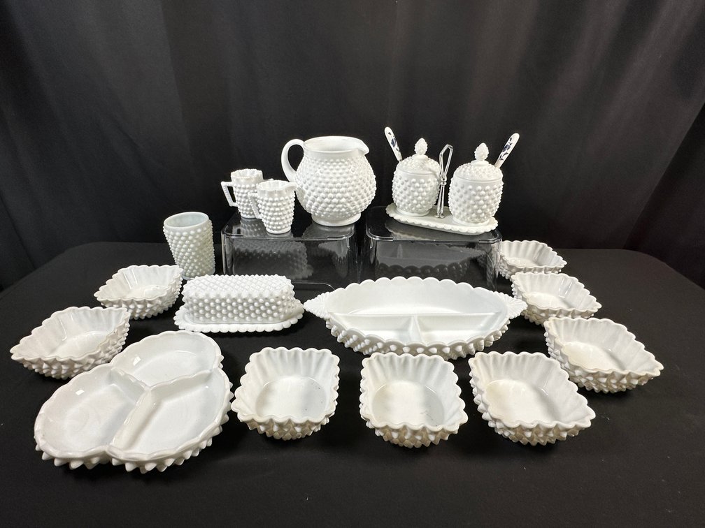 White Milk Glass Hobnail Tableware and Serving Dishes