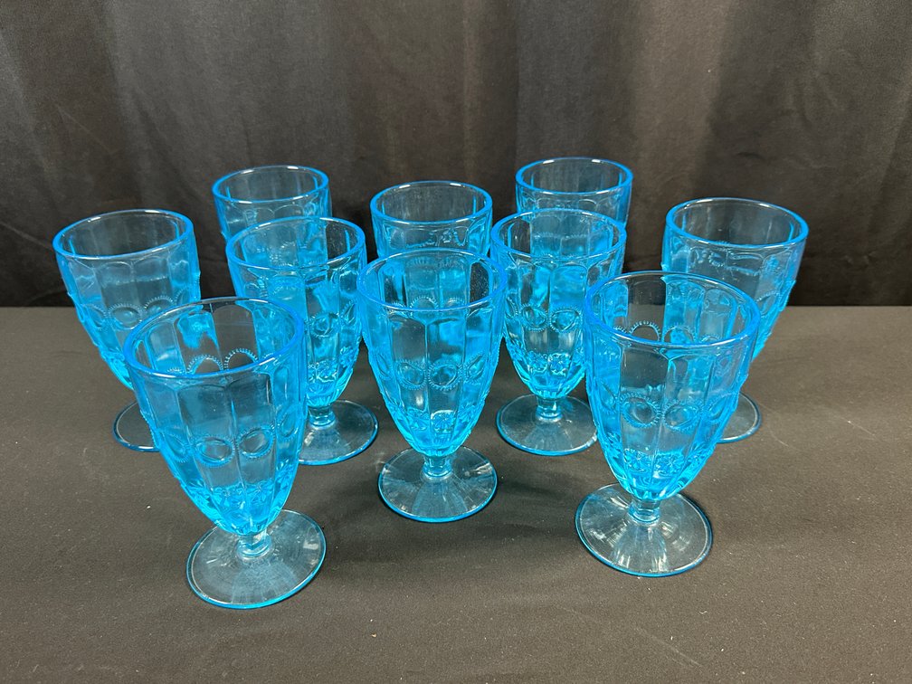 Light Blue Pressed Glass Moon and Stars Footed Goblets